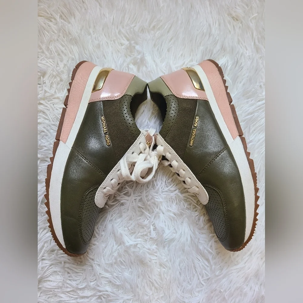 Michael Kors Olive Green W/ Pink and White Accent leather Sneakers Bubbl…​ - Picture 2 of 8